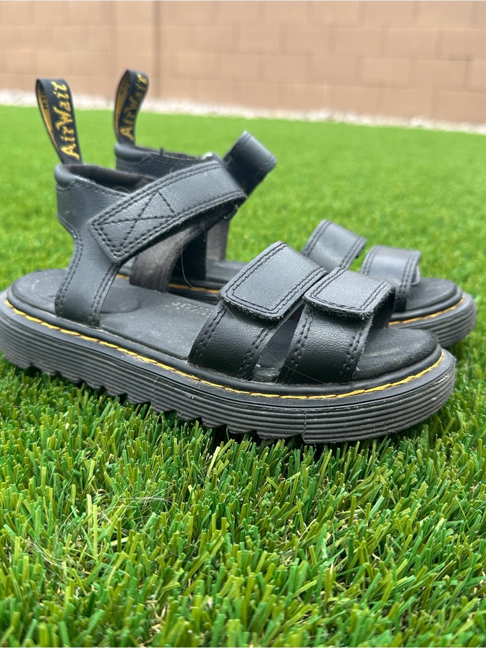 Dr.Marten Kids Black Klaire Leather Strap Sandals with Yellow Stitching